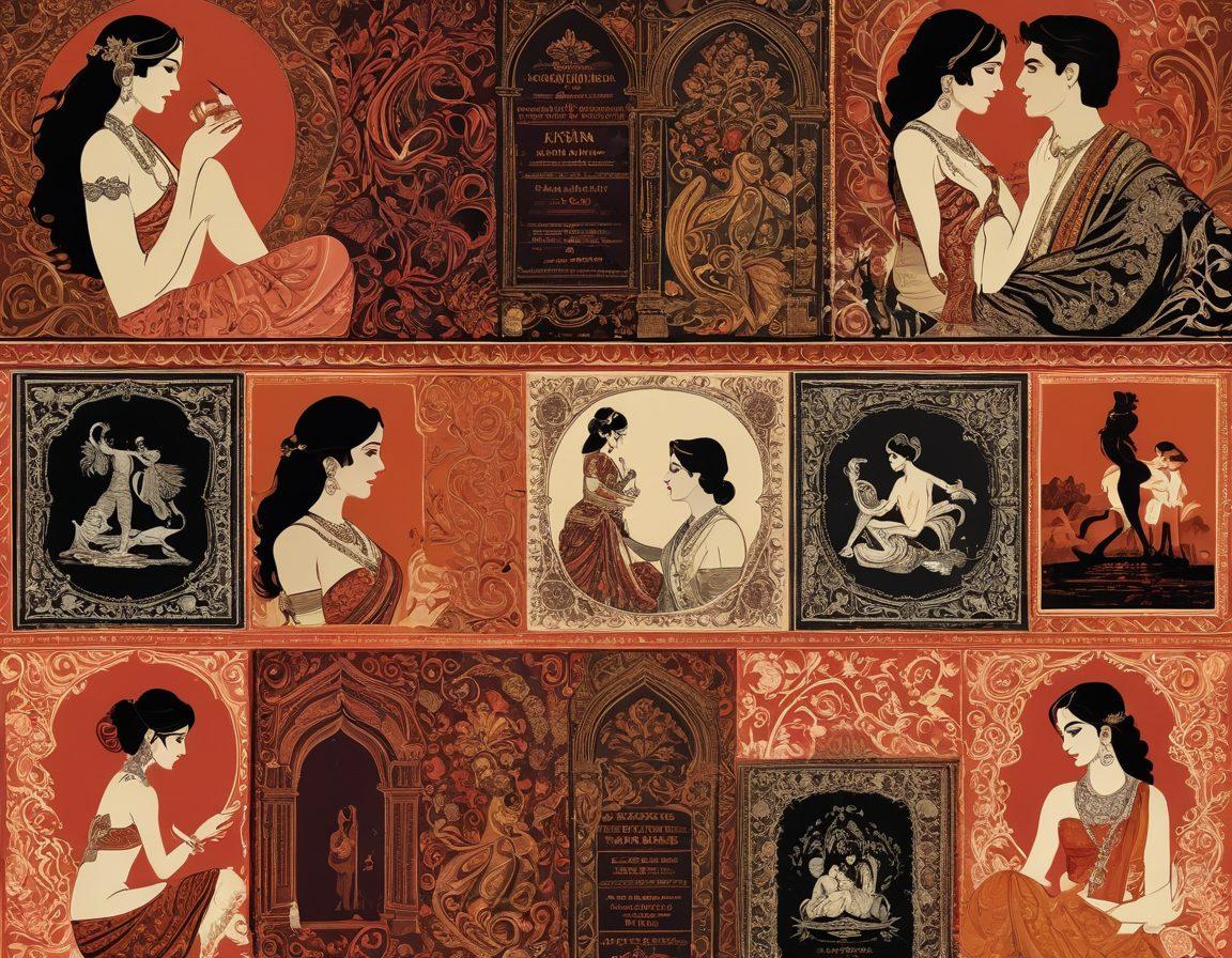 A visually striking collage depicting the journey of Indian erotic content through romantic literature and film. Incorporate elements like classic books with ornate covers, vintage film reels, and modern cinema icons. Use a warm color palette to evoke passion, featuring silhouettes of couples in romantic poses and intricate patterns inspired by Indian art. Blend traditional and contemporary styles to illustrate the evolution theme. vibrant colors. super-realistic.