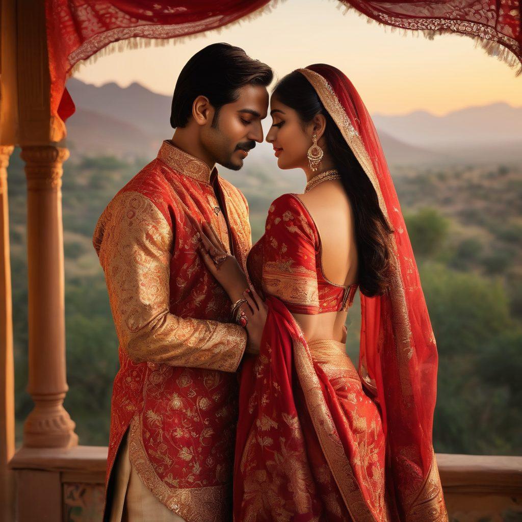 A vibrant, intimate scene showcasing the elegance of Indian sensuality, featuring traditional Indian textiles in rich reds and golds, a beautifully adorned couple in a passionate embrace against a backdrop of a serene Indian landscape, with soft lighting highlighting their expressions of love and desire. super-realistic. vibrant colors. traditional motifs.