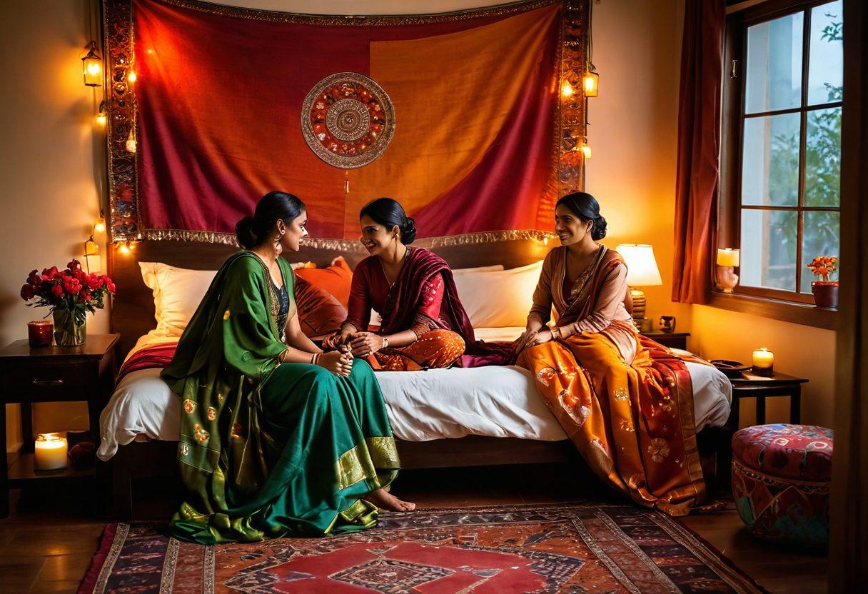 A warm and inviting bedroom scene featuring a couple engaged in an intimate and cozy conversation, surrounded by soft lighting, colorful traditional textiles, and cultural art pieces. Incorporate elements that symbolize both modern and traditional aspects of desi culture, such as floral patterns, rich colors, and candles for ambiance. The mood should be romantic and open, inviting discussion on intimacy and wellness. super-realistic. vibrant colors. soft lighting.